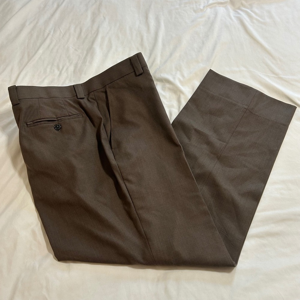 Jhane Barnes Mens Super 130s‎ Wool Dress Pants Brown 38Wx29 Regular Flat Front